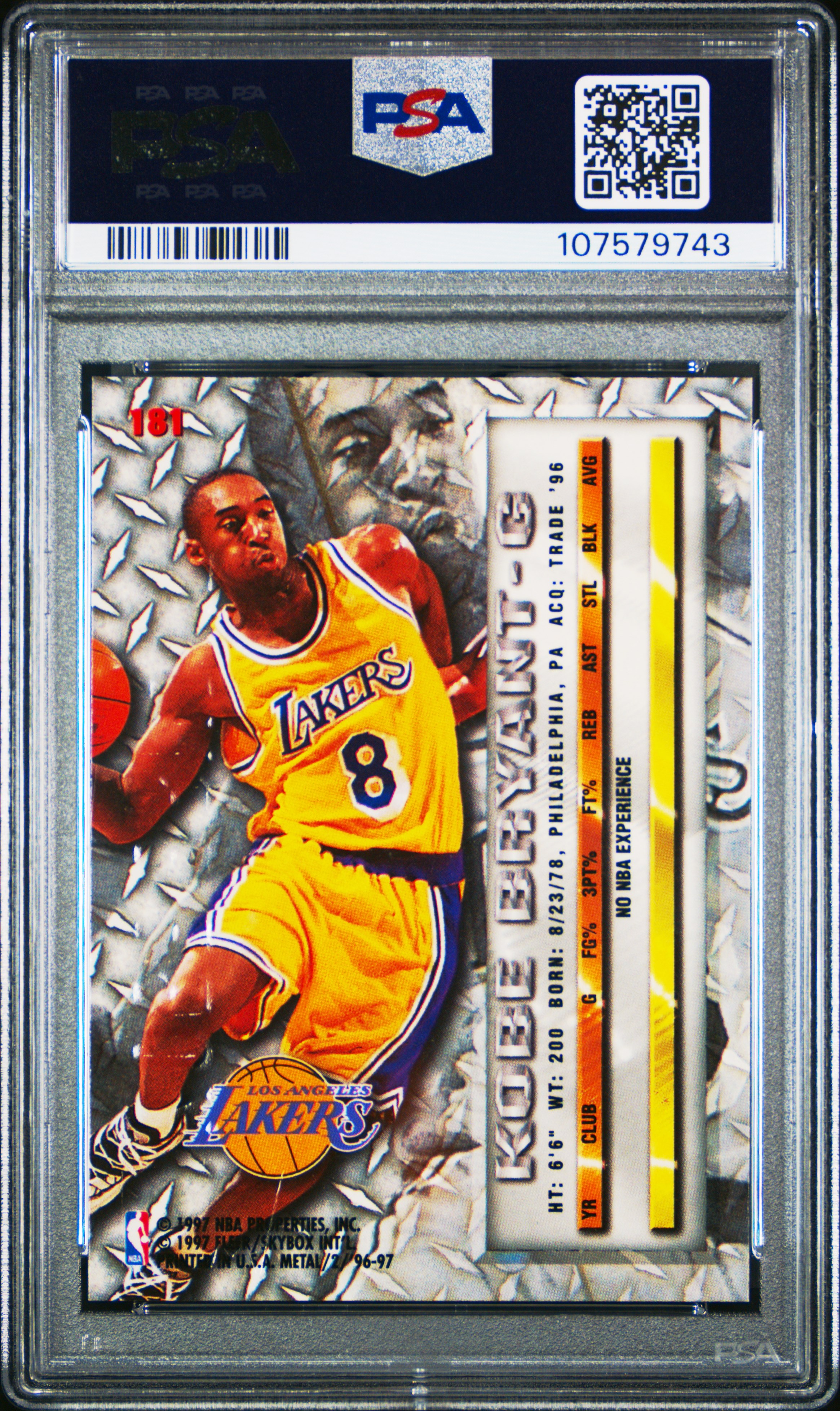 Back of Kobe Bryant 1996 Metal reference card