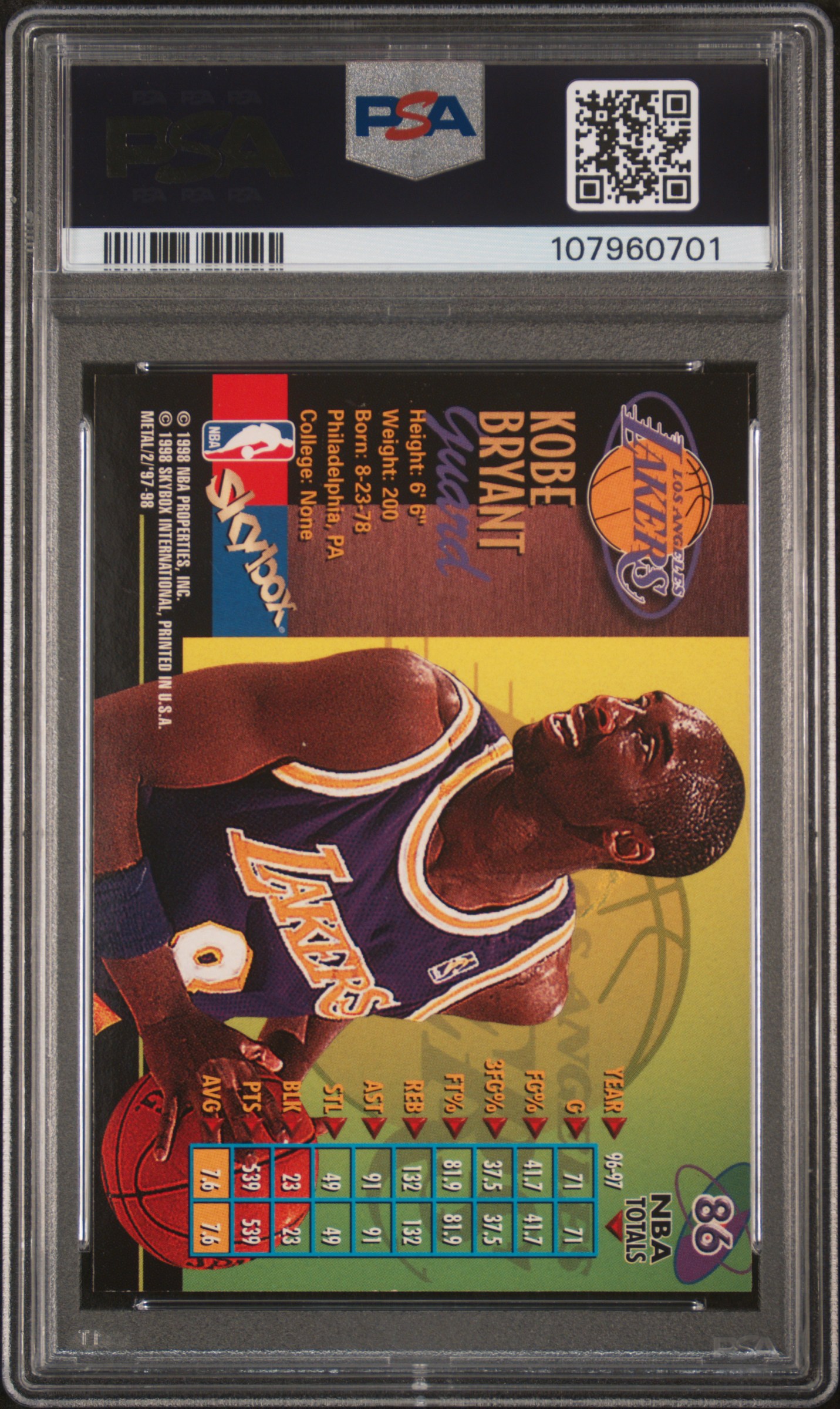 Back of Kobe Bryant 1997 Metal Universe Championship reference card