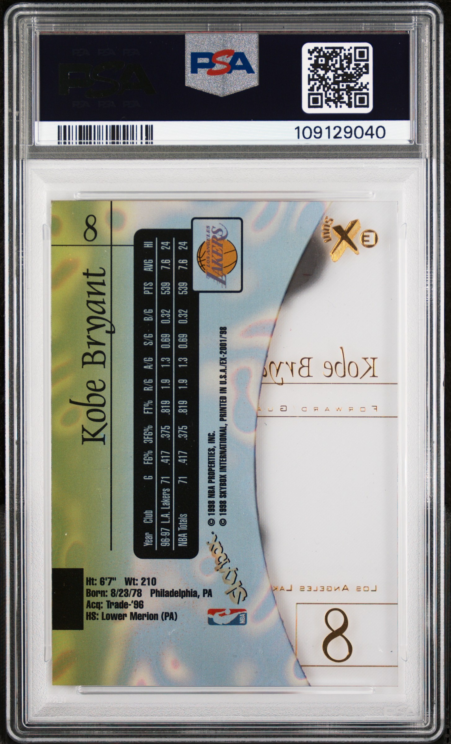 Back of Kobe Bryant 1997 Skybox E-X2001 reference card