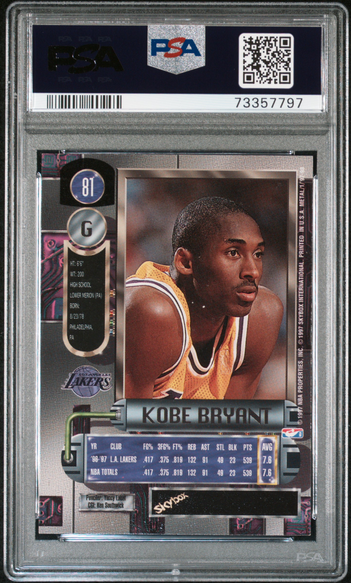 Back of Kobe Bryant 1997 Metal Universe reference card