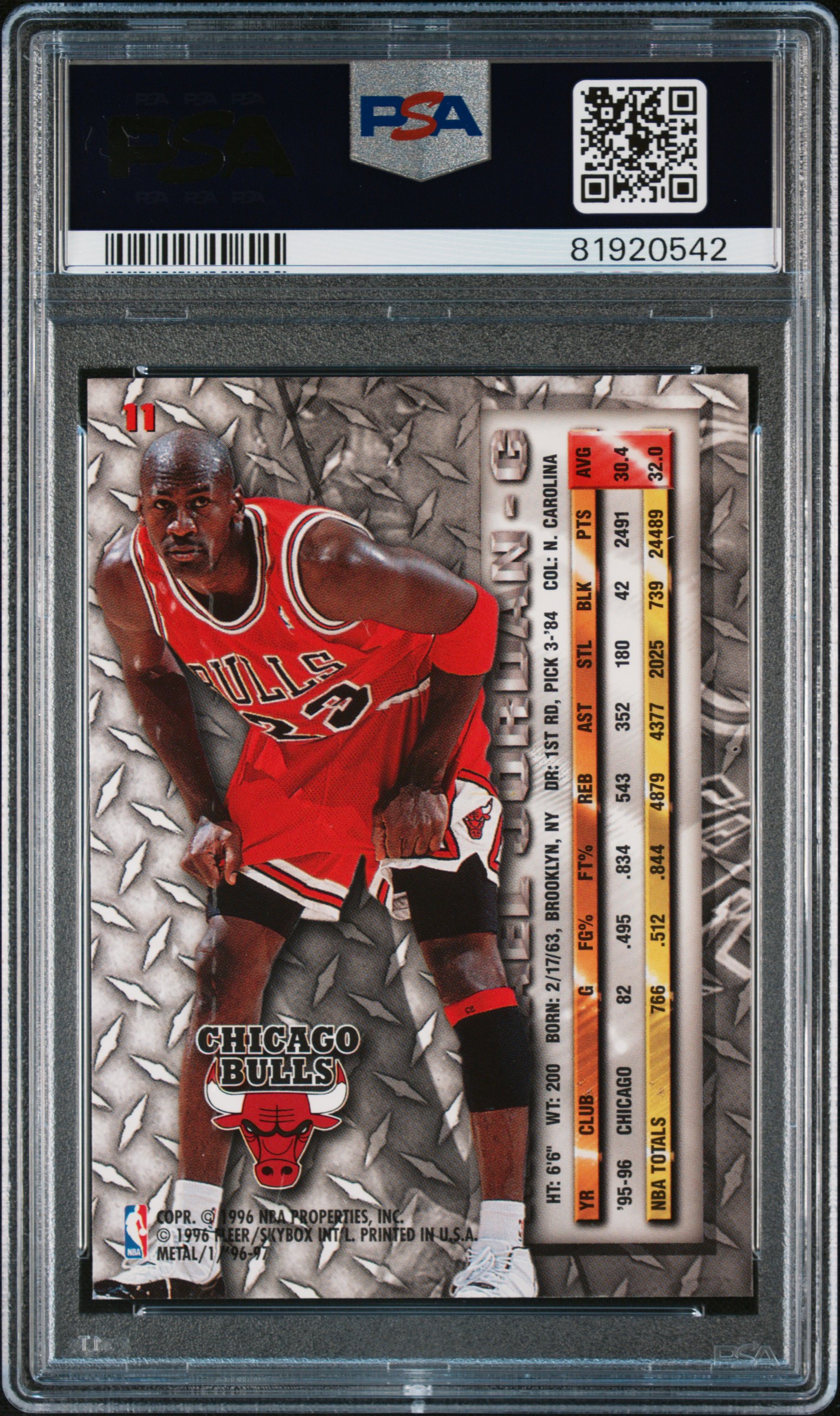 Back of Michael Jordan 1996 Metal reference card