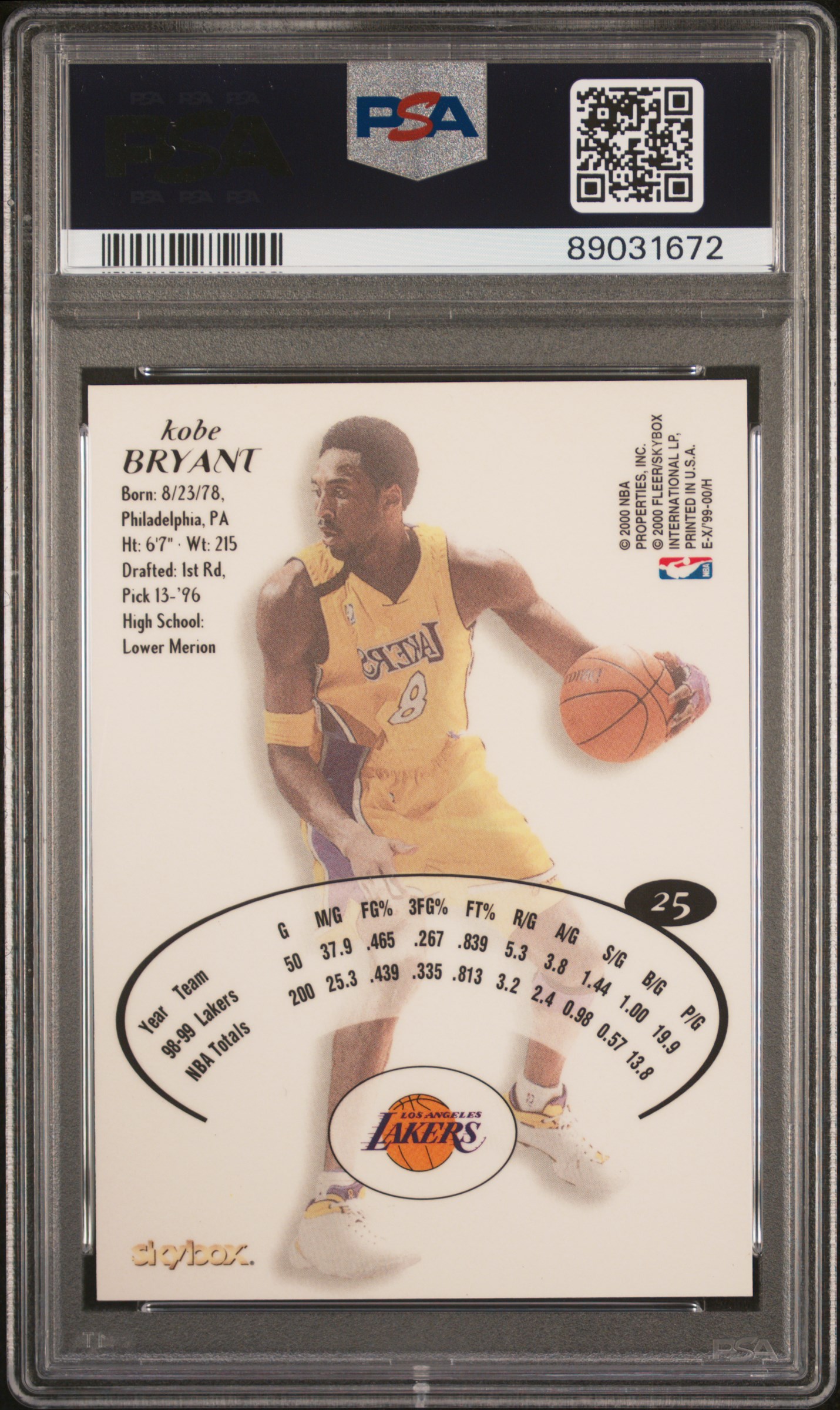 Back of Kobe Bryant 1999 Skybox E-X reference card